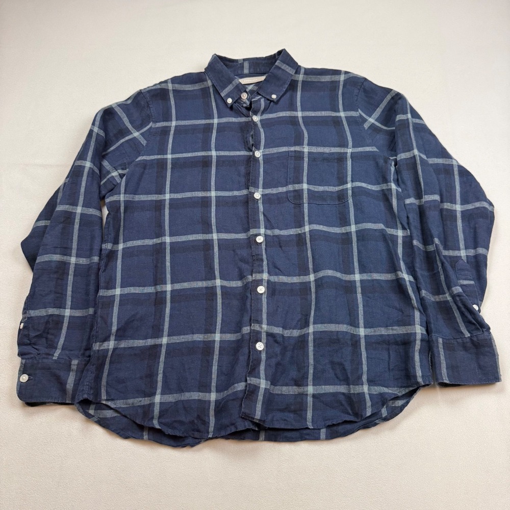 Everlane 100% Linen Long Sleeve Button Down Shirt Mens Med Blue Plaid EUC